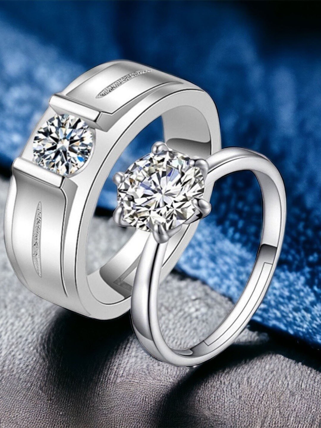 

MYKI Unisex Set Of 2 Silver-Plated & CZ-Studded Couple Adjustable Rings