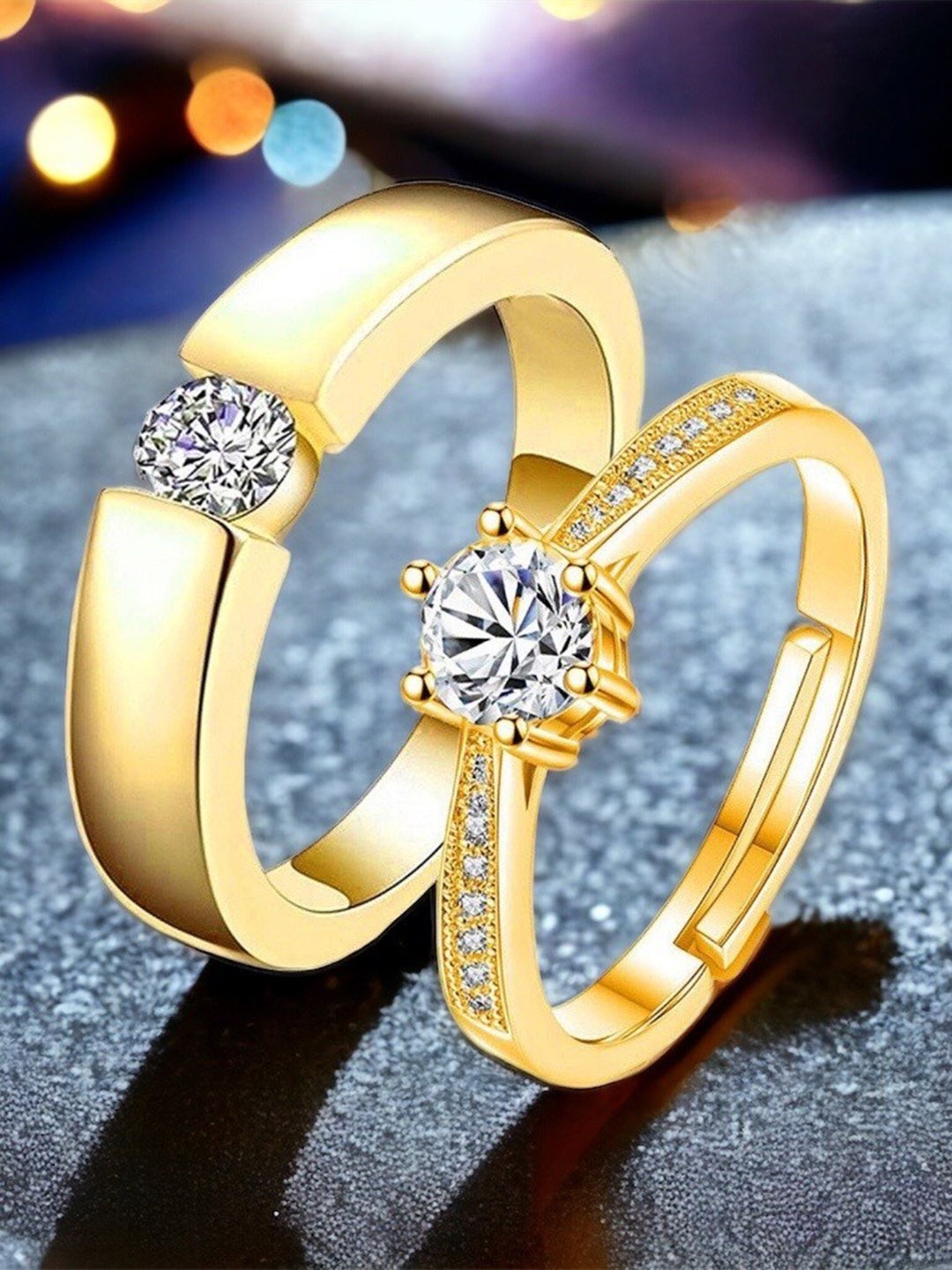 

MYKI Unisex Set Of 2 Gold-Plated CZ-Studded Couple Adjustable Rings