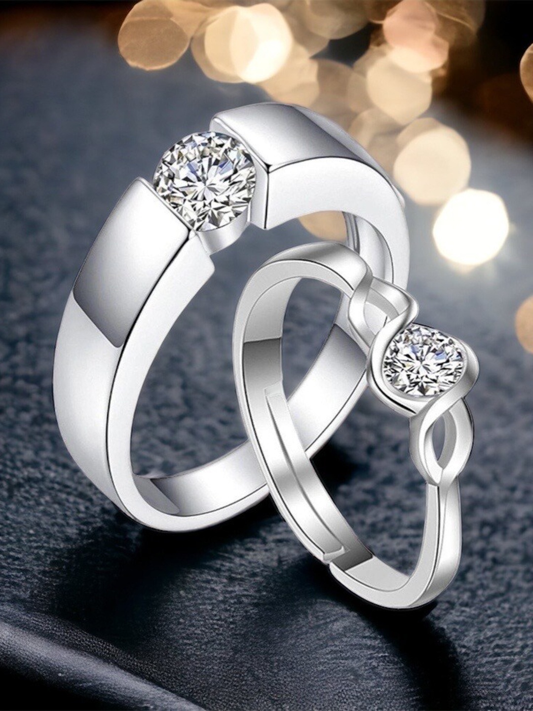 

MYKI Unisex Set Of 2 Silver-Plated & CZ-Studded Couple Adjustable Finger Rings