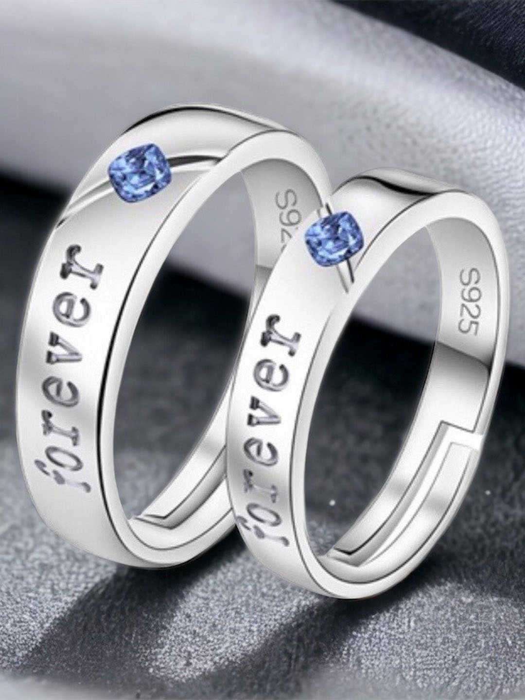 

MYKI Unisex Set Of 2 Silver-Plated CZ-Studded Couple Adjustable Finger Rings