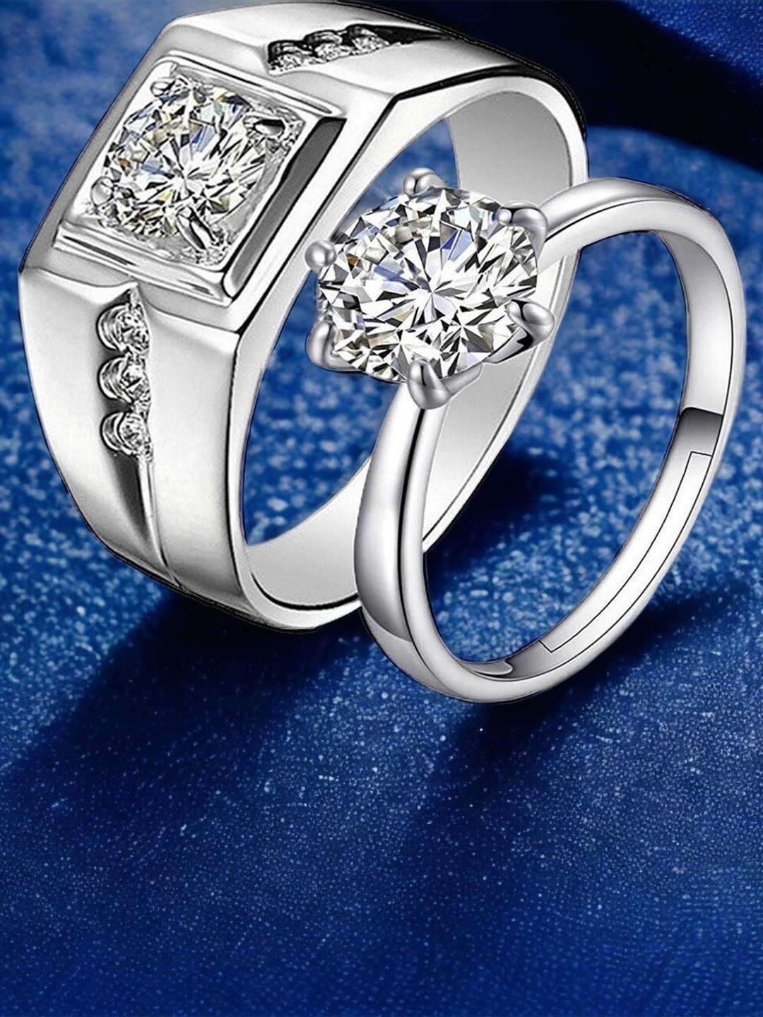 

MYKI Unisex Set Of 2 Silver-Plated CZ-Studded Couple Adjustable Finger Rings
