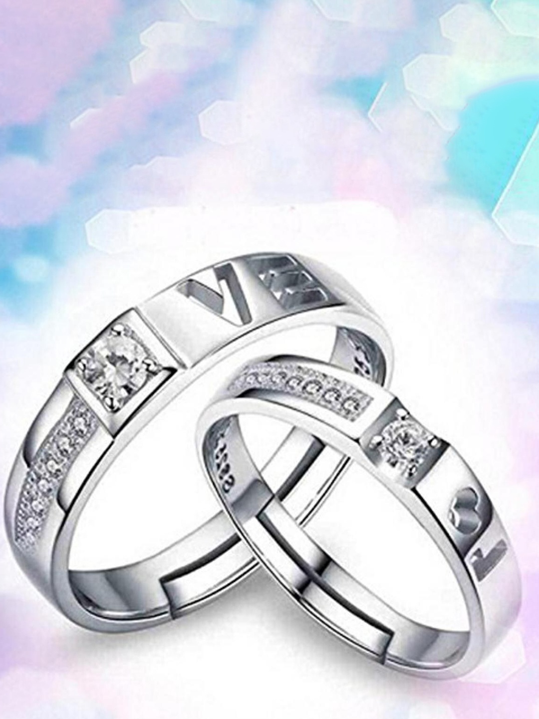

MYKI Unisex Set Of 2 Silver-Plated CZ-Studded Couple Adjustable Finger Rings
