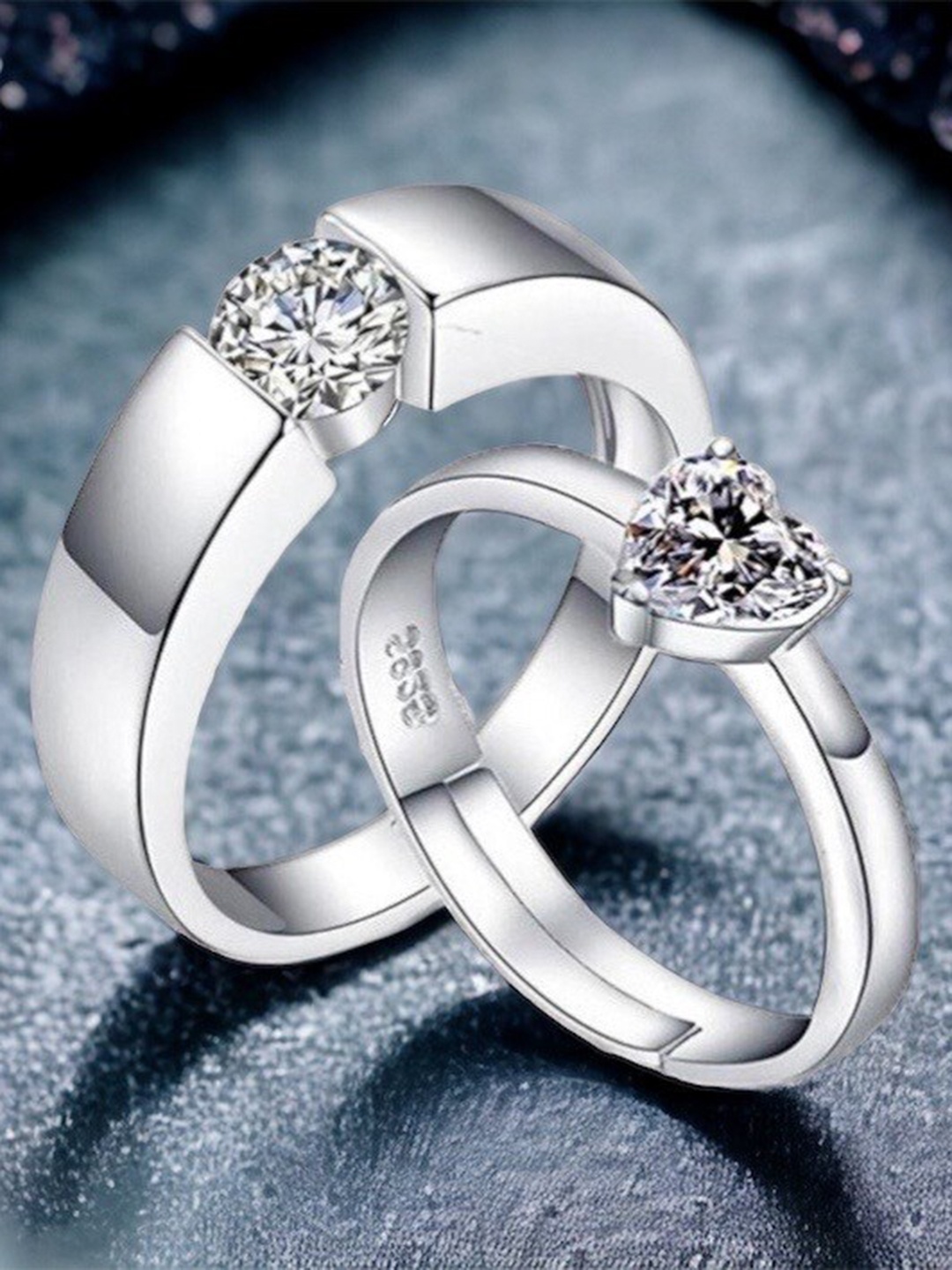 

MYKI Unisex Set Of 2 Silver-Plated CZ-Studded Couple Adjustable Finger Rings
