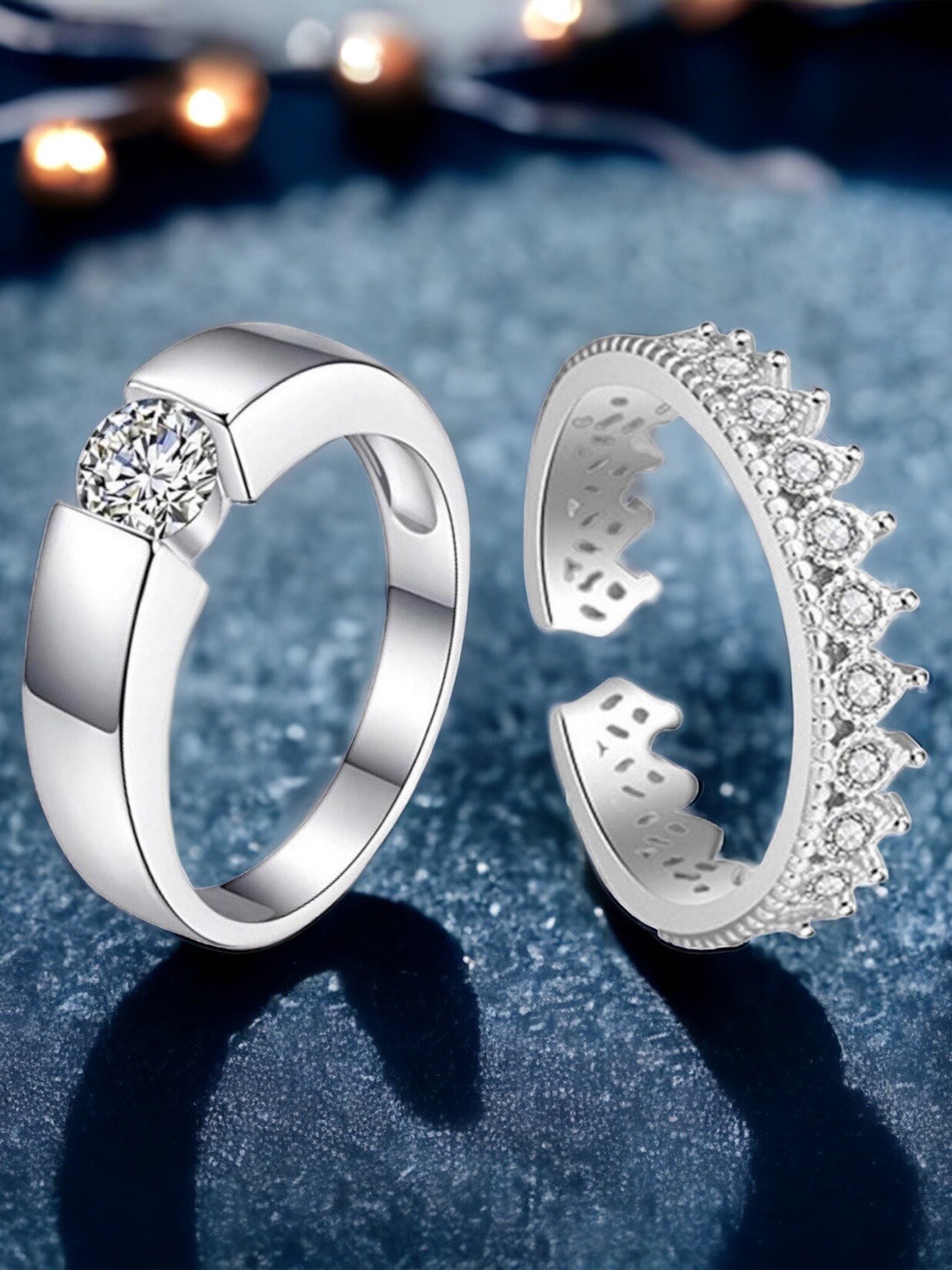 

MYKI Unisex Set Of 2 Silver-Plated & CZ-Studded Couple Adjustable Finger Rings