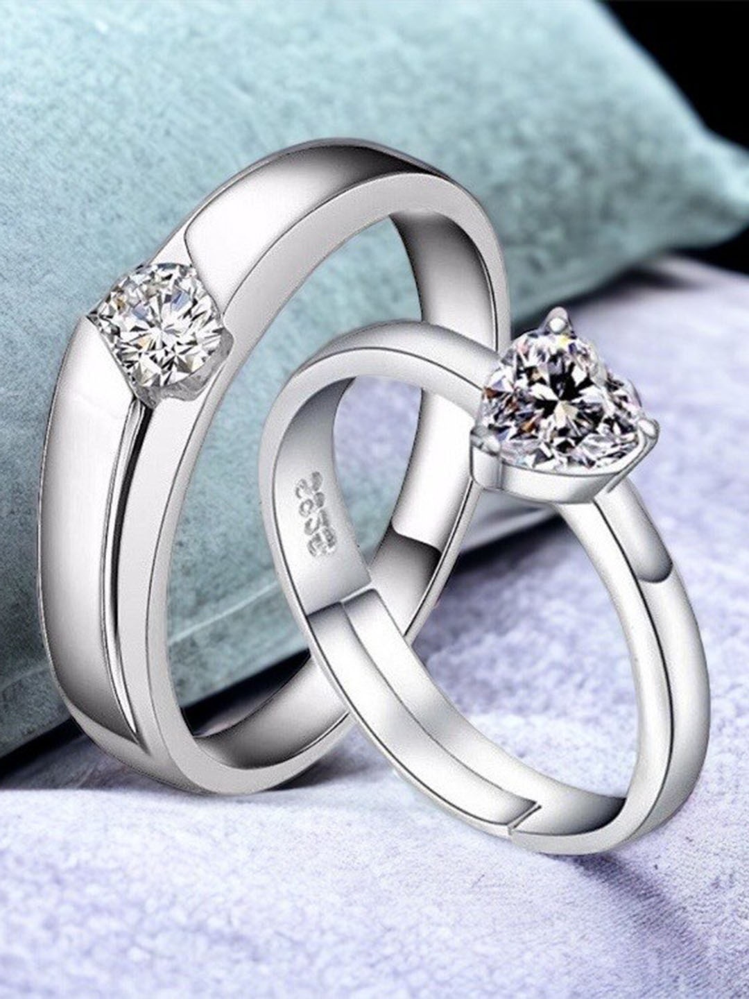 

MYKI Unisex Set Of 2 Silver-Plated & Cubic Zirconia-Studded Couple Adjustable Rings