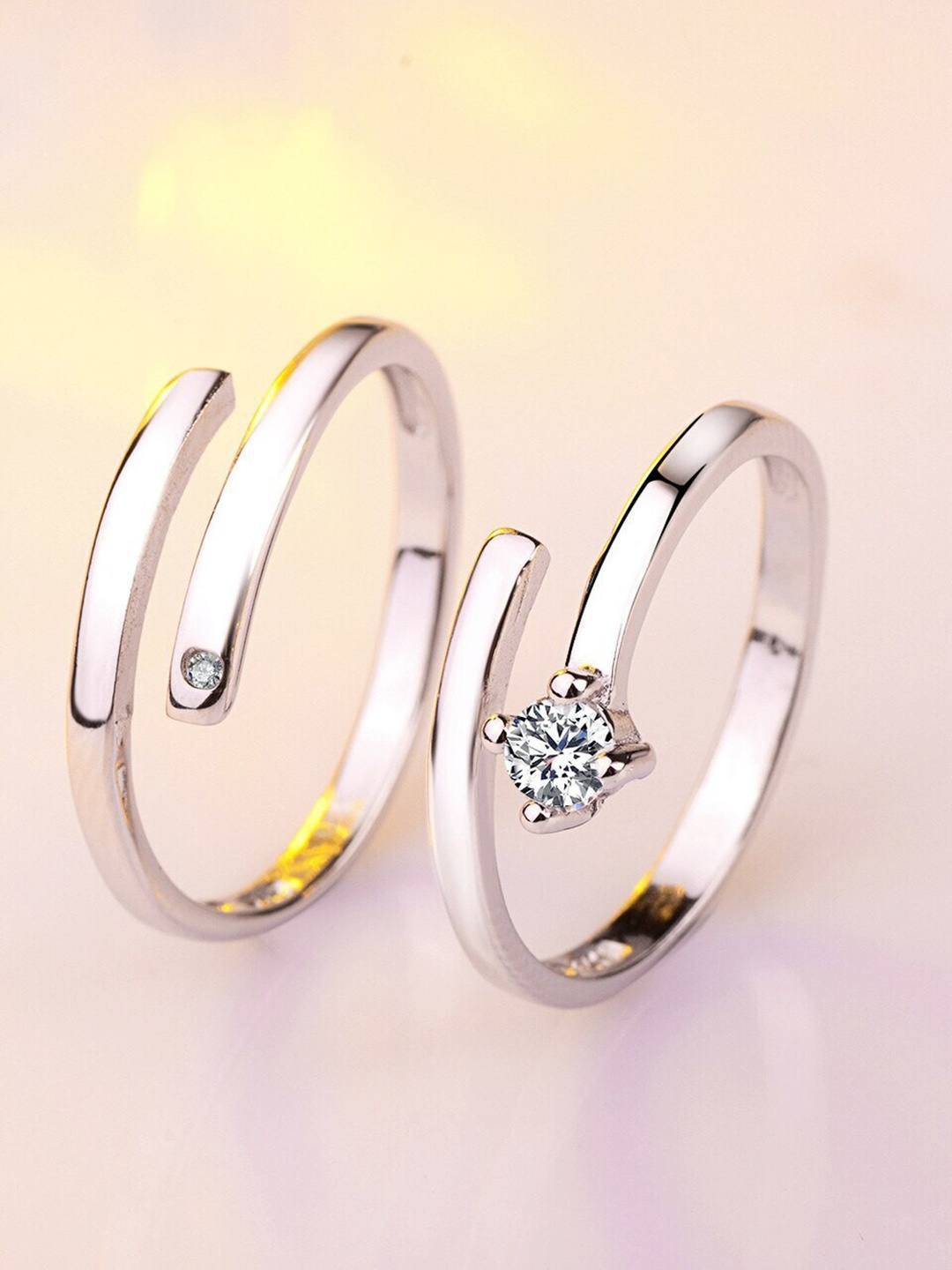 

MYKI Unisex Set Of 2 Silver-Plated & Cubic Zirconia-Studded Couple Adjustable Rings