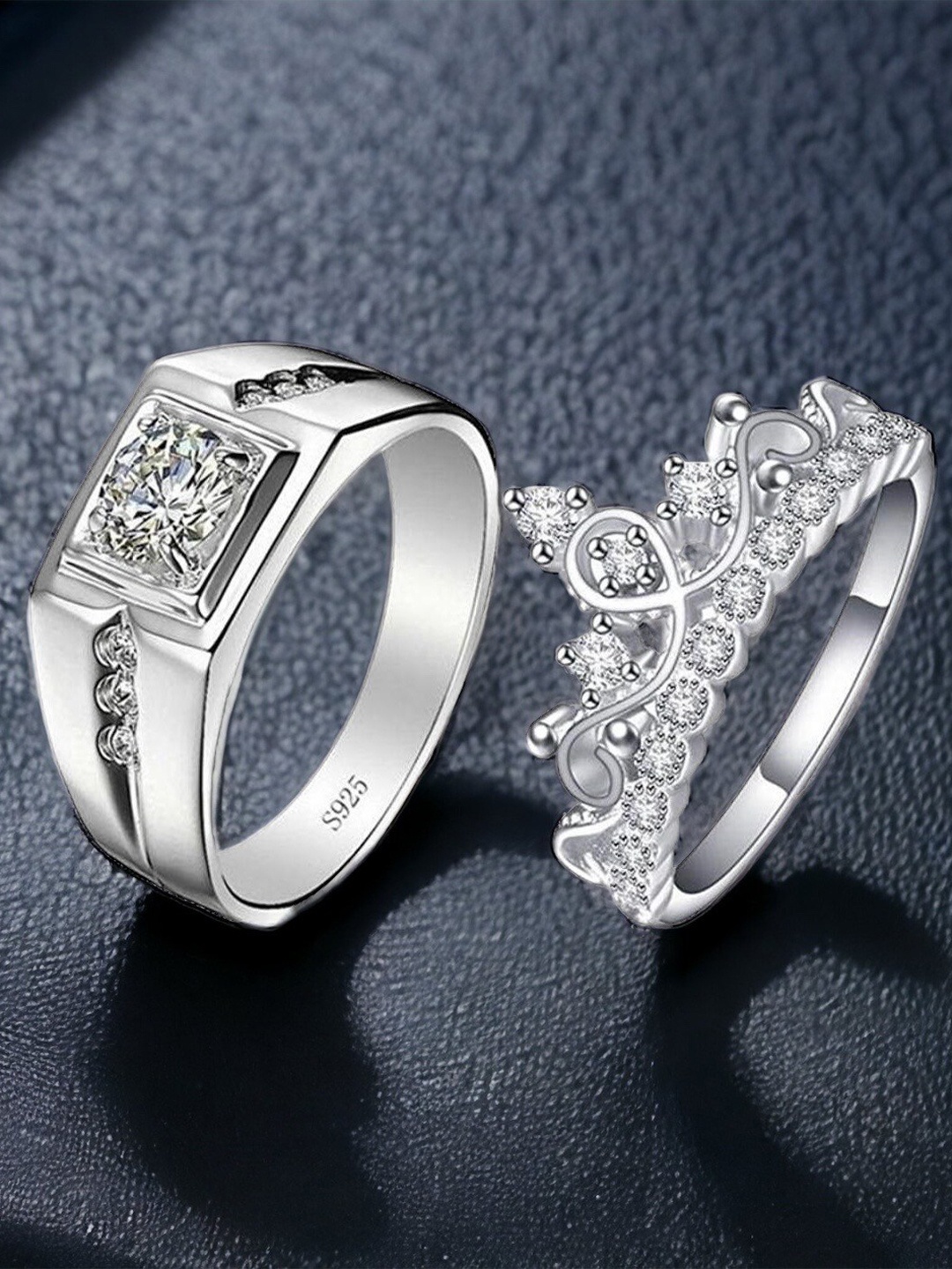 

MYKI Unisex Set Of 2 Silver-Plated & Cubic Zirconia-Studded Couple Adjustable Rings