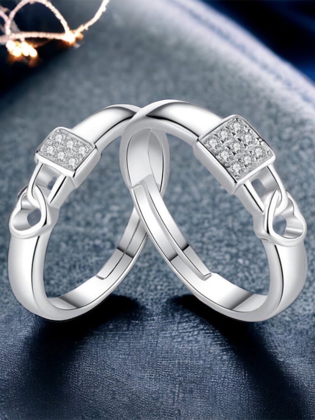 

MYKI Unisex Set Of 2 Silver-Plated & Cubic Zirconia-Studded Couple Adjustable Rings