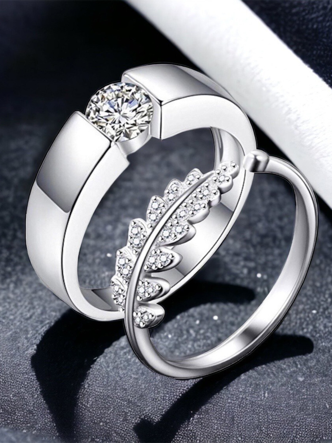 

MYKI Unisex Set Of 2 Silver-Plated & Cubic Zirconia-Studded Couple Adjustable Rings