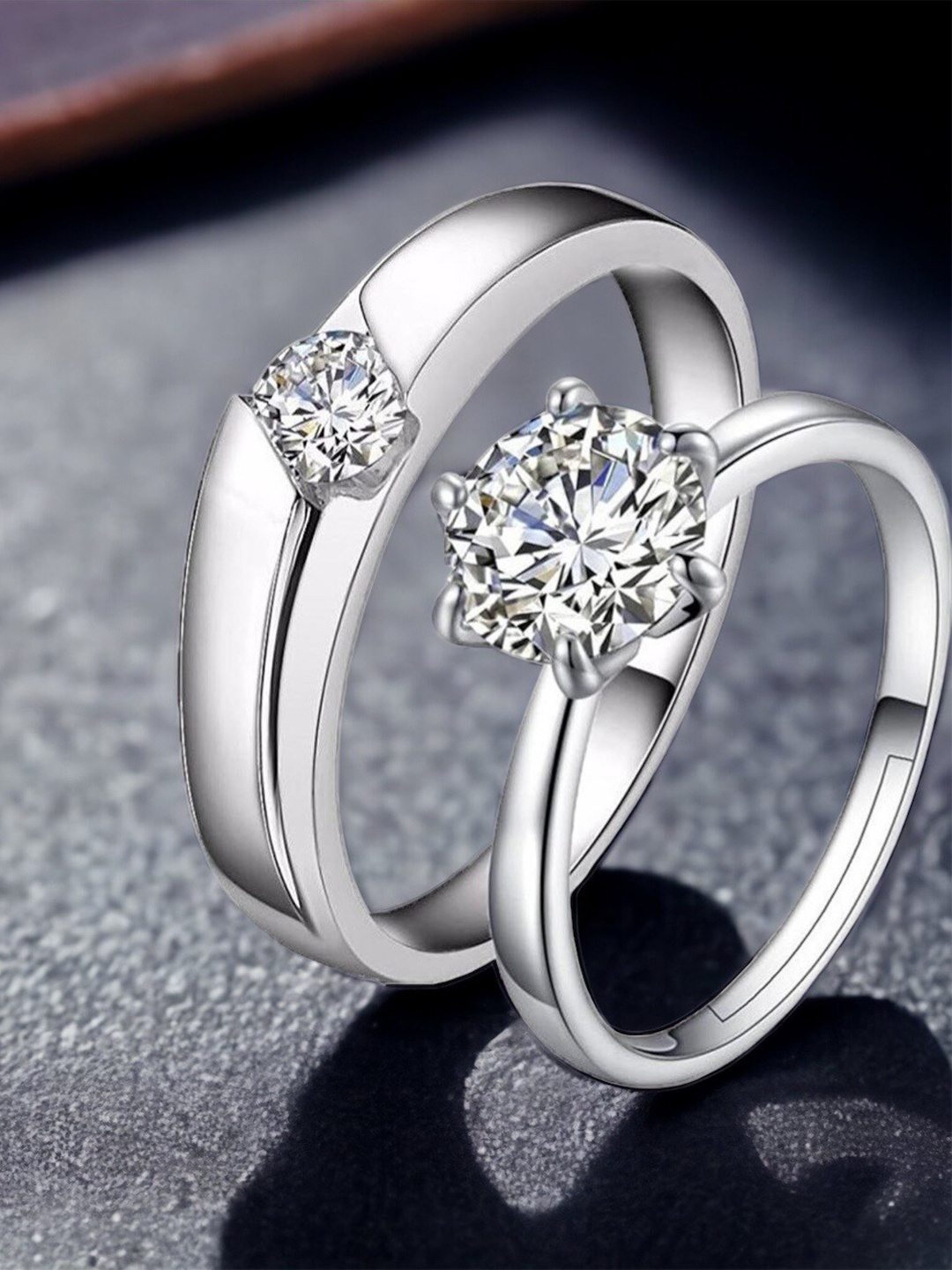 

MYKI Unisex Set Of 2 Silver-Plated & Cubic Zirconia -Studded Couple Adjustable Rings