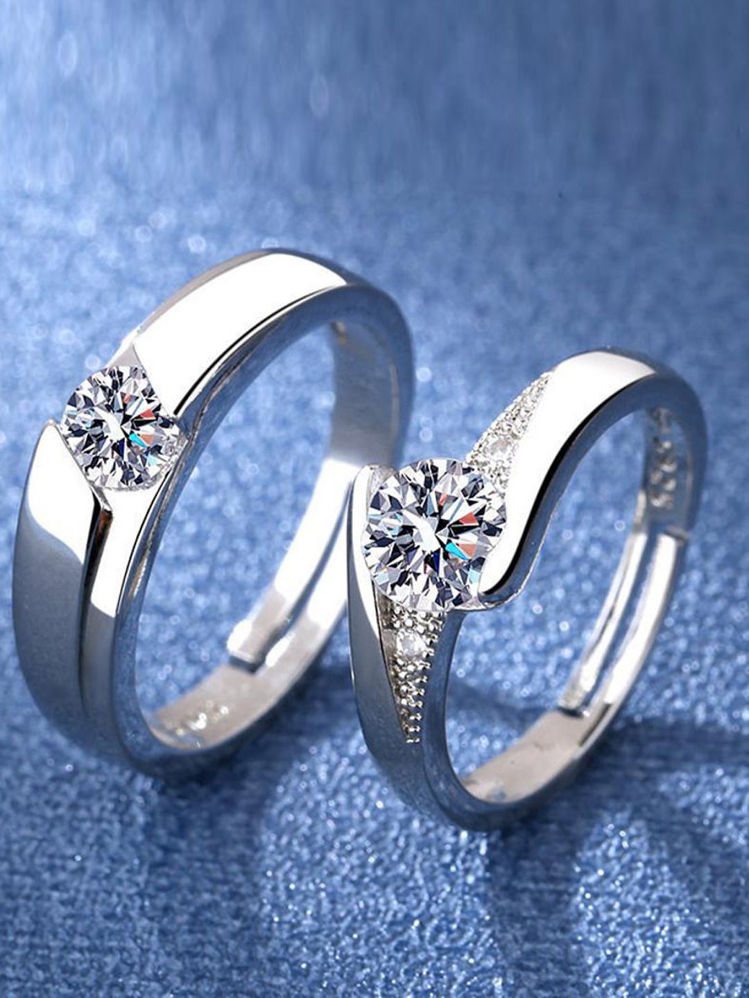 

MYKI Unisex Set Of 2 Silver-Plated & Cubic Zirconia -Studded Couple Adjustable Rings