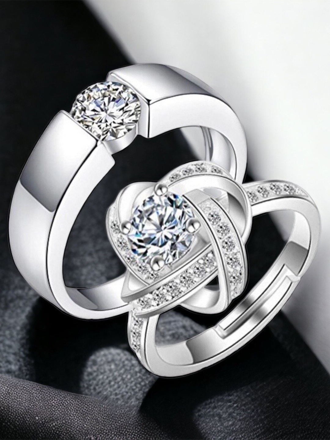 

MYKI Unisex Set Of 2 Silver-Plated & Cubic Zirconia -Studded Couple Adjustable Rings