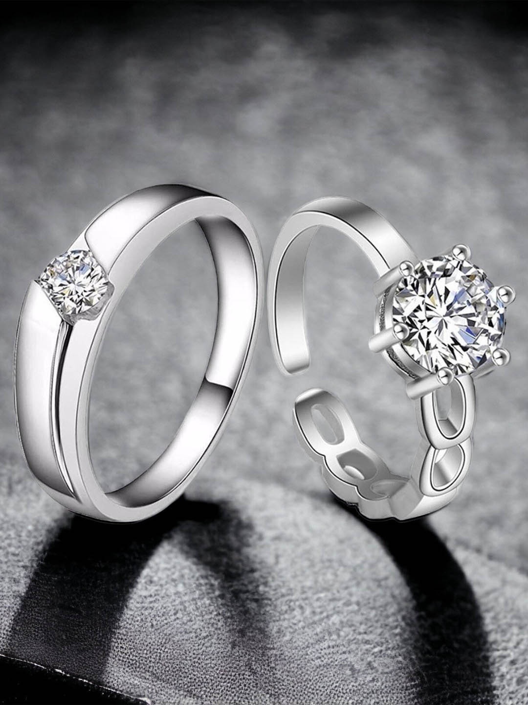 

MYKI Unisex Set Of 2 Silver-Plated & CZ-Studded Couple Adjustable Finger Rings