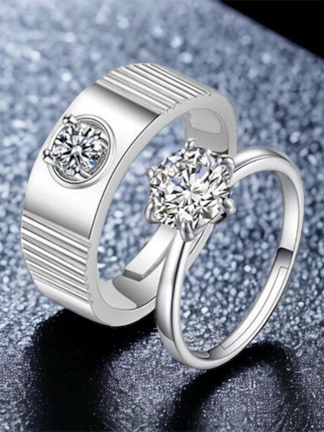 

MYKI Unisex Set Of 2 Silver-Plated & CZ-Studded Couple Adjustable Finger Rings