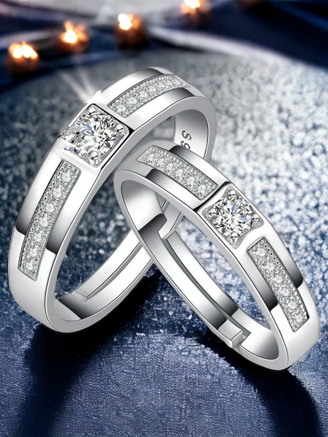 

MYKI Unisex Set Of 2 Silver-Plated & CZ-Studded Couple Adjustable Finger Rings