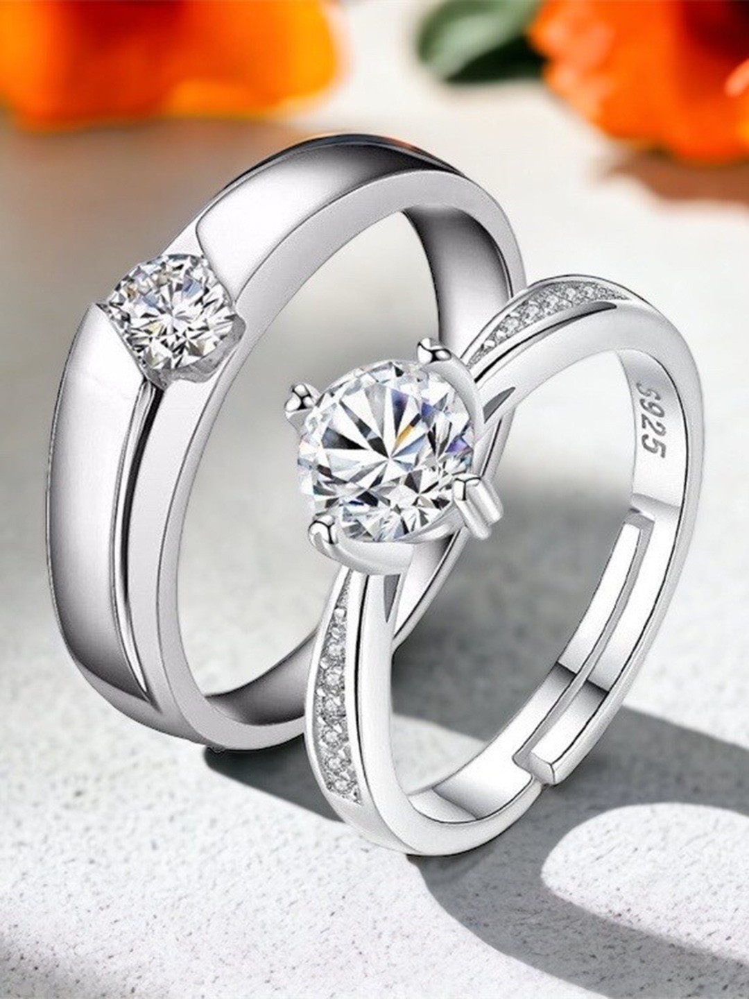 

MYKI Set Of 2 Silver-Plated Cubic Zirconia-Studded Couple Finger Rings