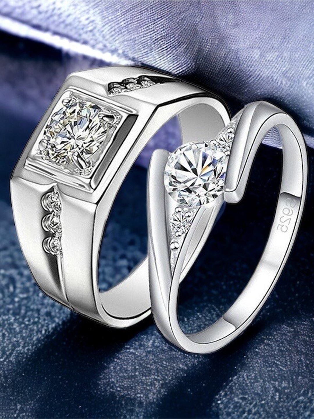 

MYKI Set Of 2 Silver-Plated Cubic Zirconia-Studded Adjustable Couple Rings