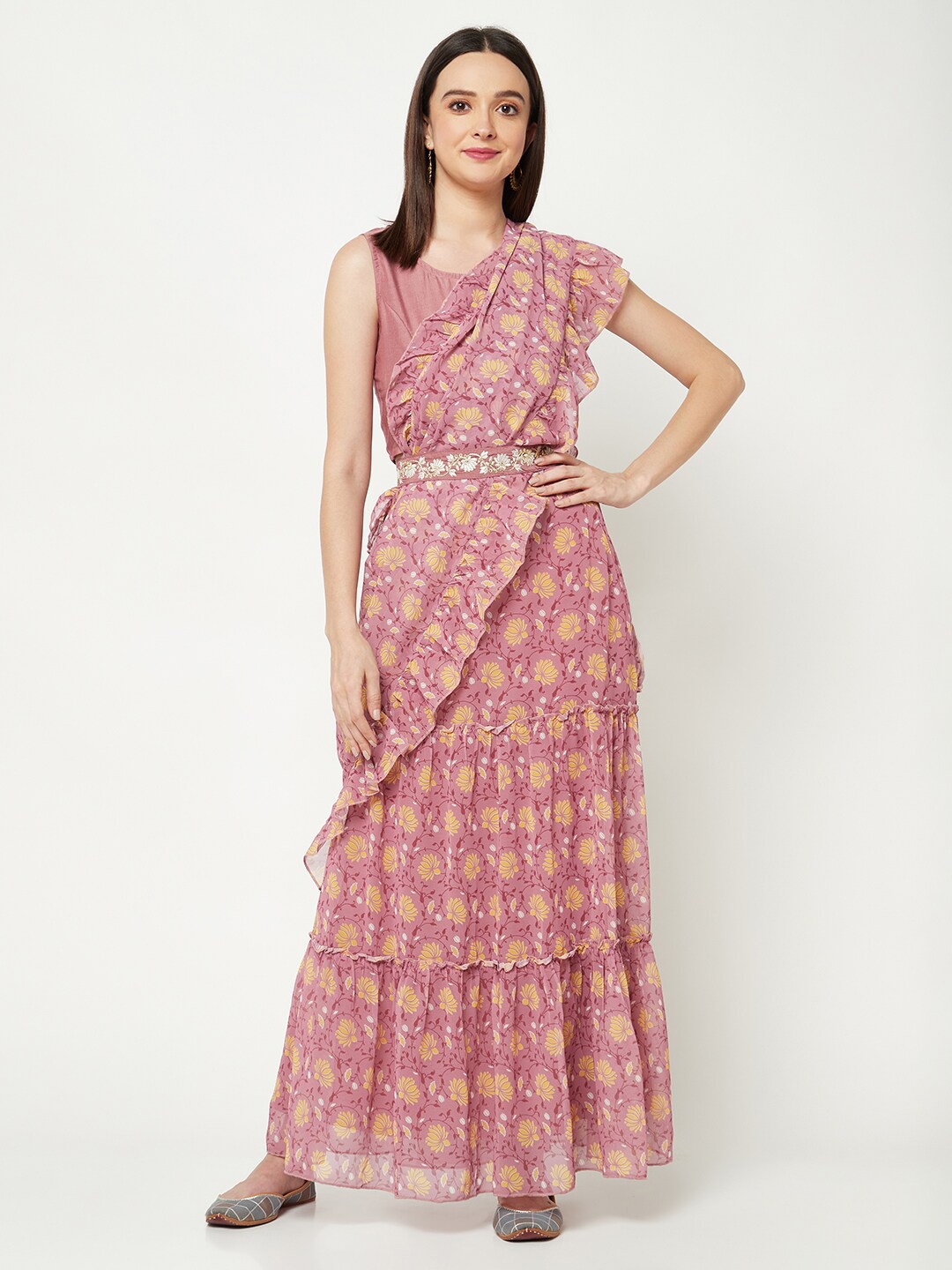 

IMARA Floral Pure Printed Tiered Ready To Wear Georgette Saree, Pink