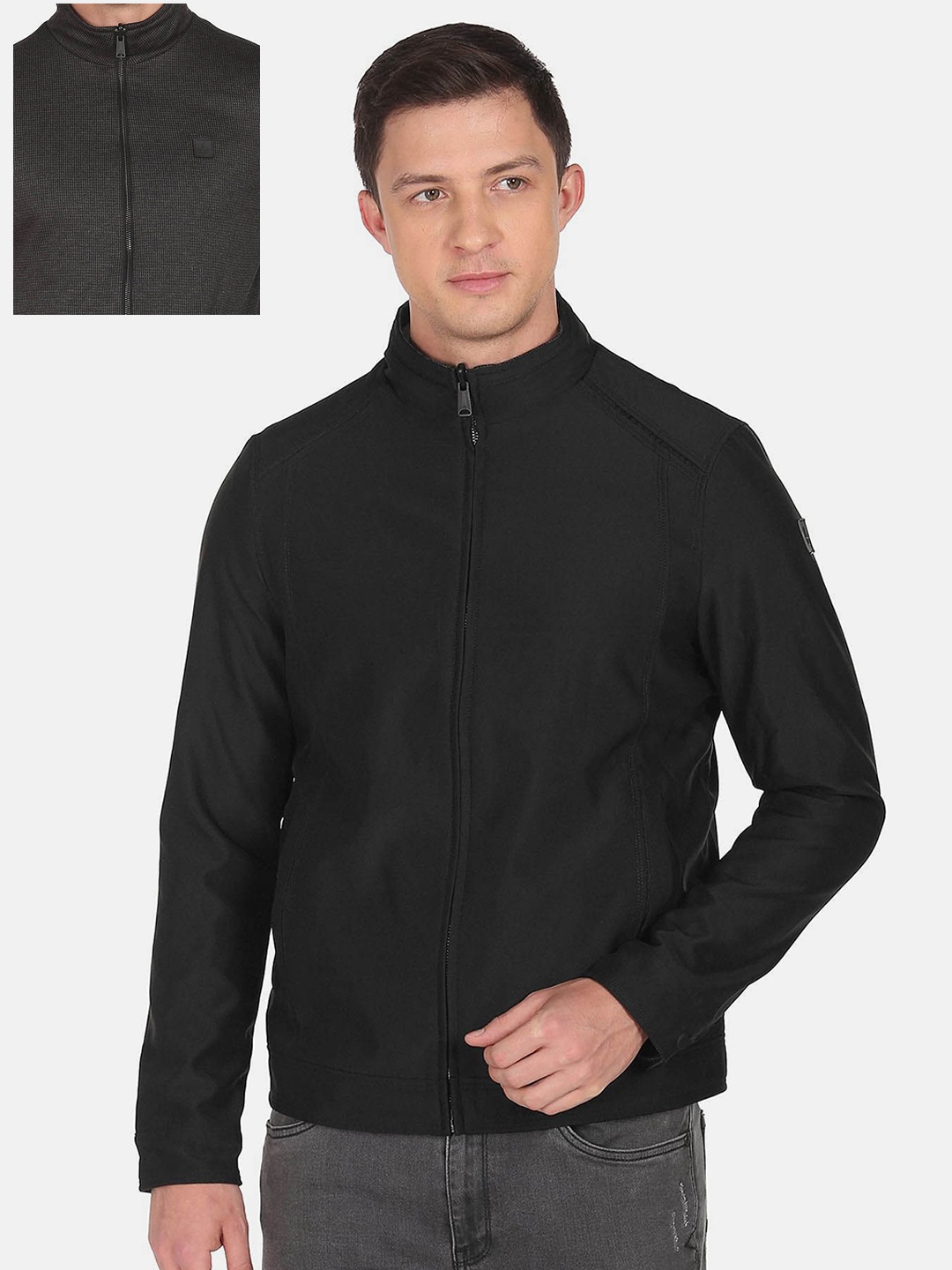 

Arrow Sport Self Design Stand Collar Reversible Sporty Jacket, Black