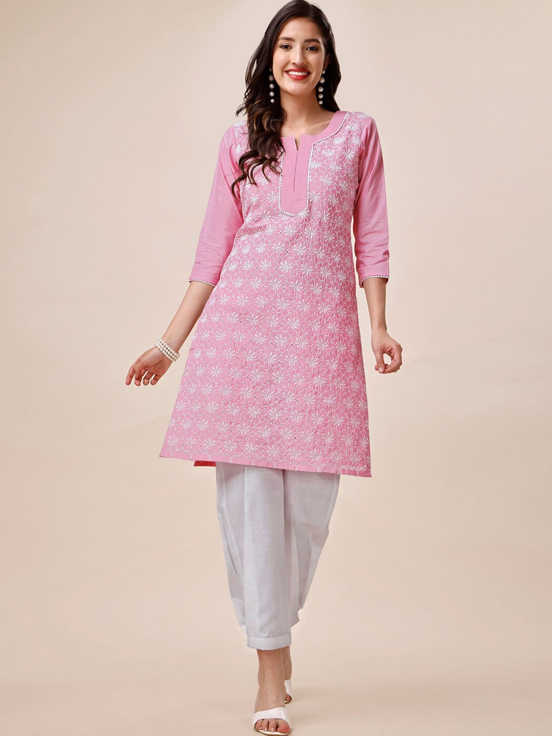 

Inddus Floral Embroidered Kurta with Dhoti Pants, Pink