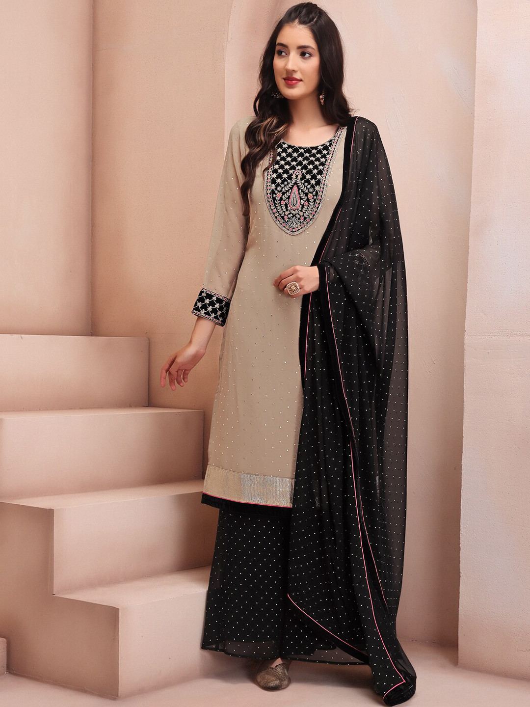 

Inddus Ethnic Motifs Embroidered Round Neck Kurta & Palazzos with Dupatta, Beige