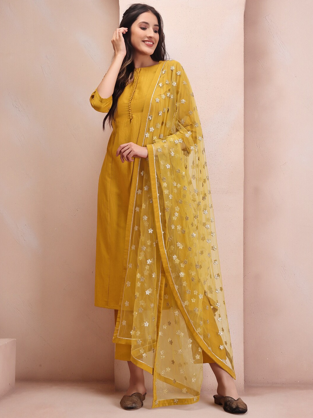 

Inddus Mustard Yellow Sequinned Kurta With Trousers & Dupatta