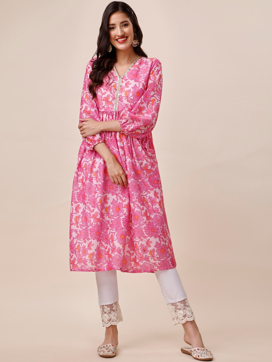 

Inddus Floral Printed Puff Sleeves Pleated A-Line Kurta, Pink