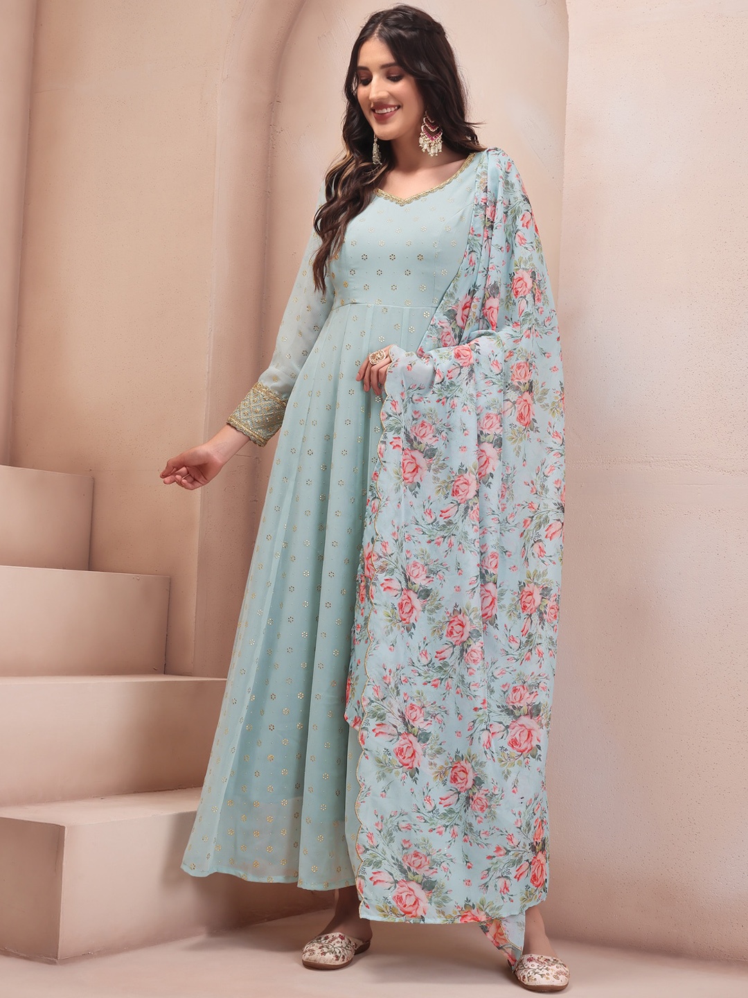 

Inddus Women Blue & Gold-Toned Floral Printed Floral Georgette Anarkali Kurta with Dupatta