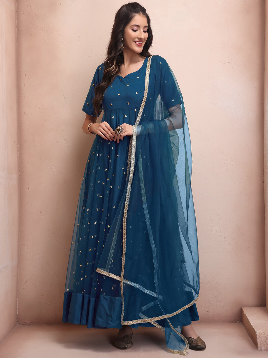 

Inddus Sequined Embroidered Anarkali Kurta with Dupatta, Teal