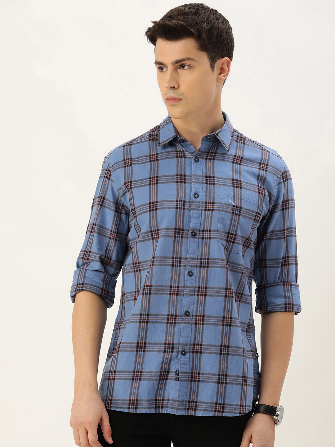 

Parx Slim Fit Tartan Checks Opaque Pure Cotton Casual Shirt, Blue