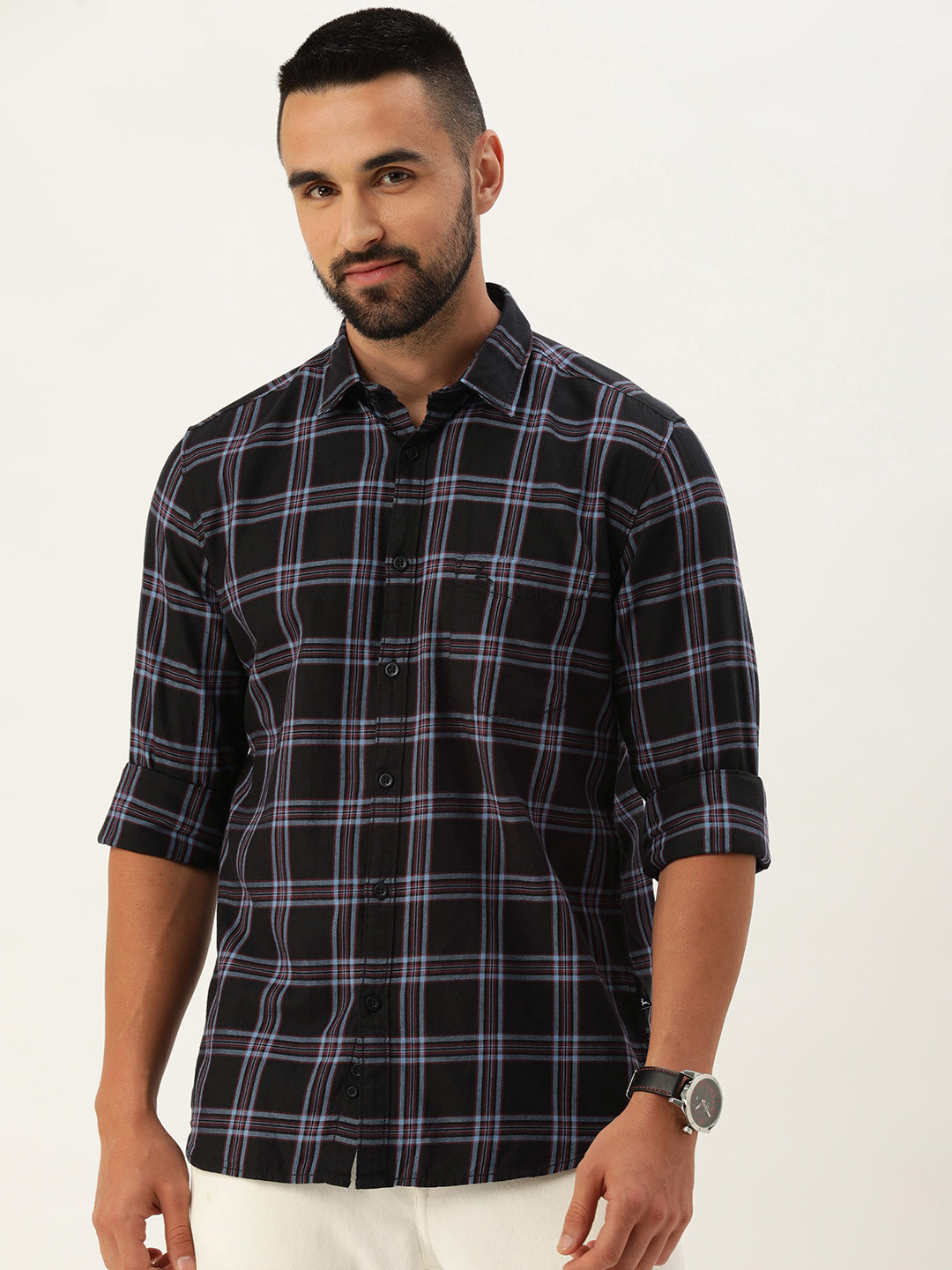 

Parx Slim Fit Tartan Checks Opaque Pure Cotton Casual Shirt, Black