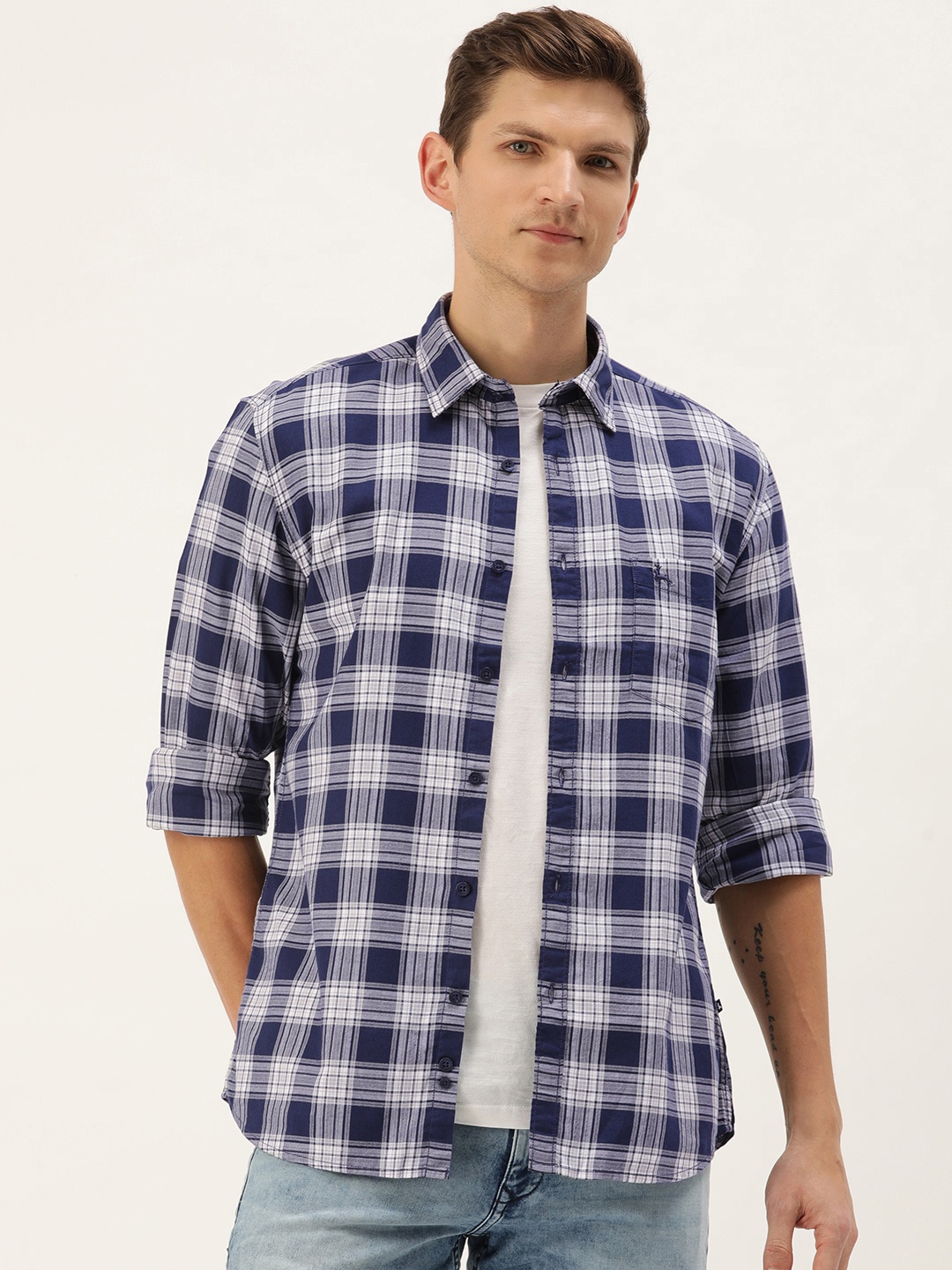 

Parx Slim Fit Tartan Checks Opaque Casual Shirt, Navy blue