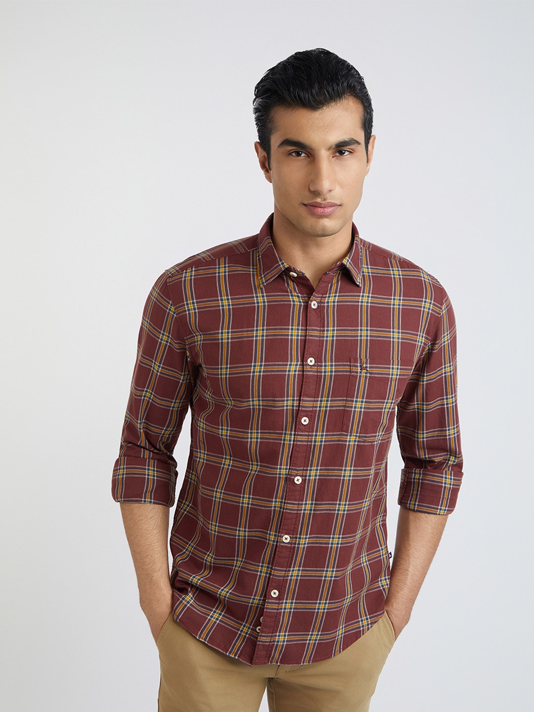 

Parx Men Pure Cotton Slim Fit Tartan Checks Opaque Checked Casual Shirt, Maroon