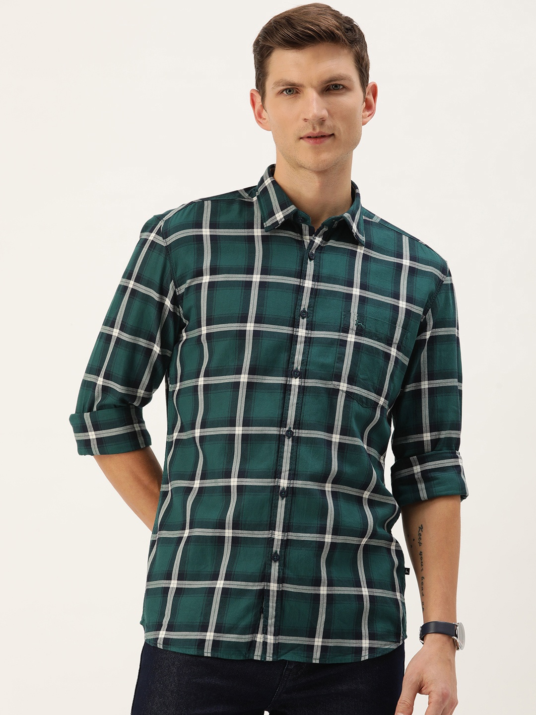 

Parx Pure Cotton Slim Fit Checked Casual Shirt, Green