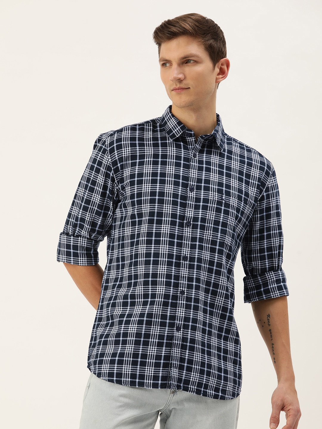 

Parx Slim Fit Checked Pure Cotton Casual Shirt, Navy blue