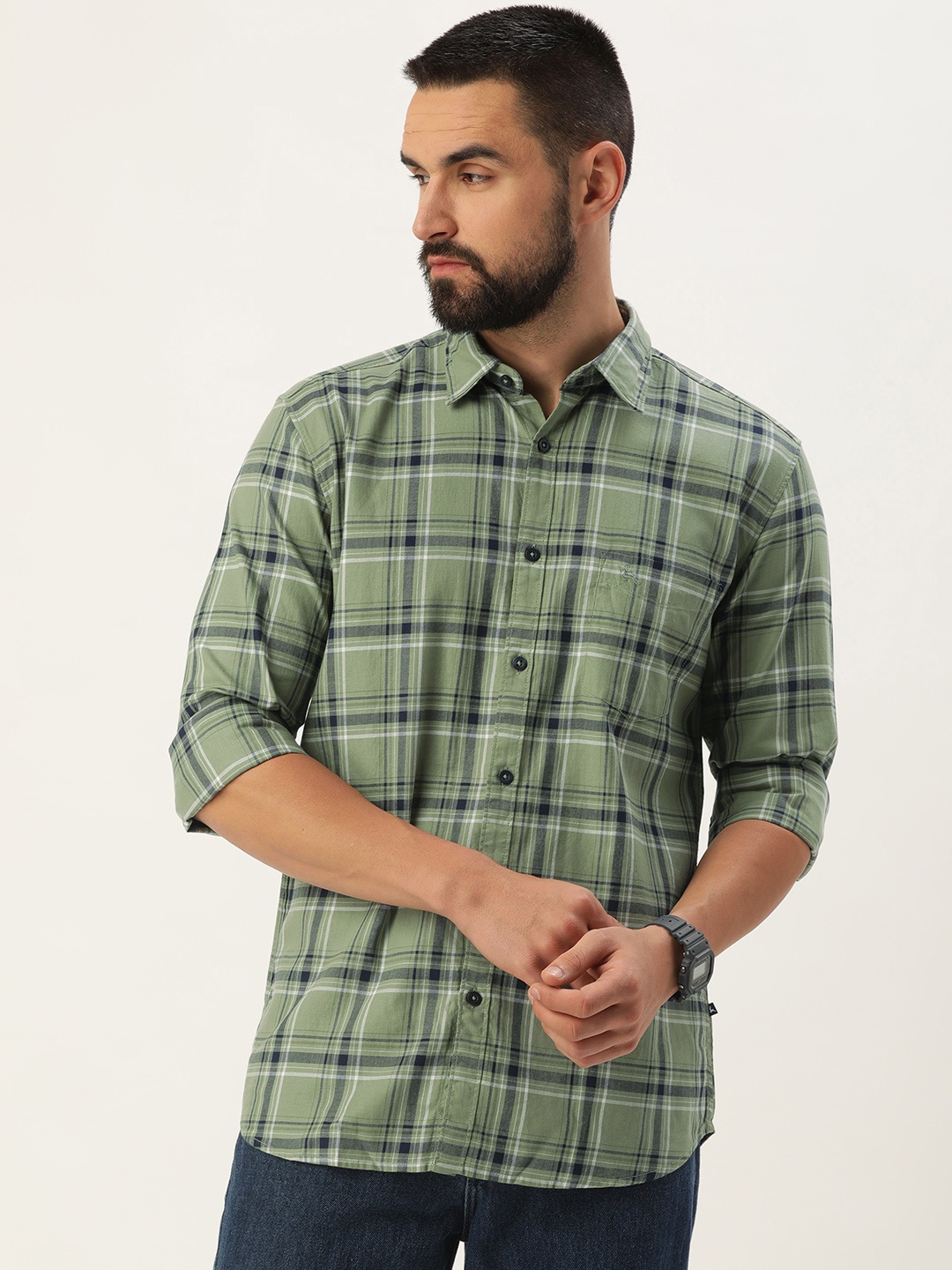 

Parx Slim Fit Checked Pure Cotton Casual Shirt, Green