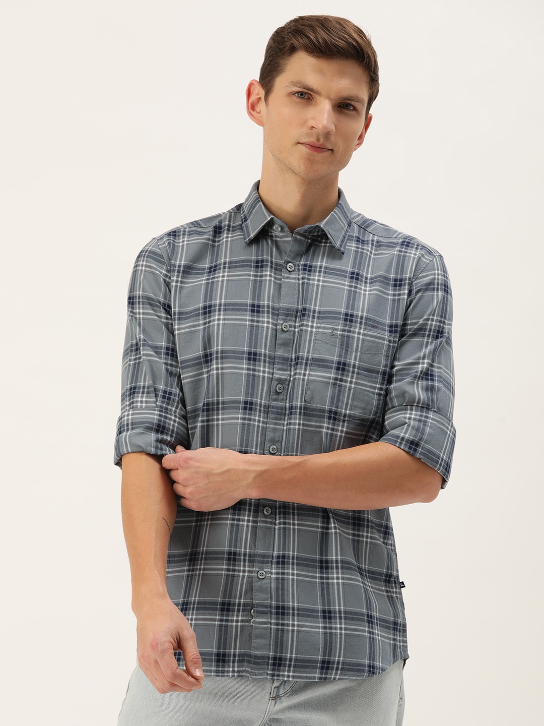 

Parx Slim Fit Checked Pure Cotton Casual Shirt, Grey