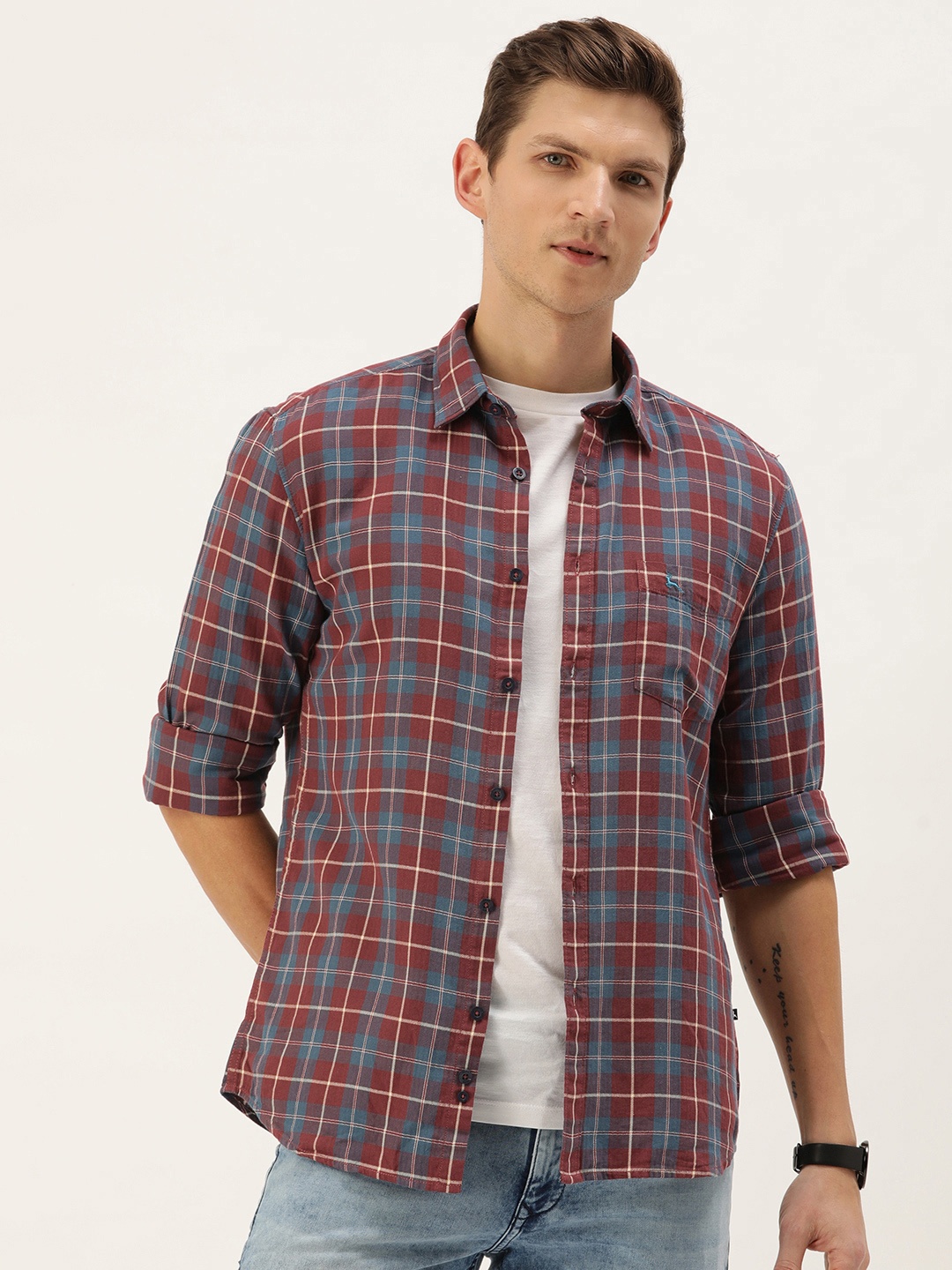 

Parx Slim Fit Opaque Checked Pure Cotton Casual Shirt, Maroon