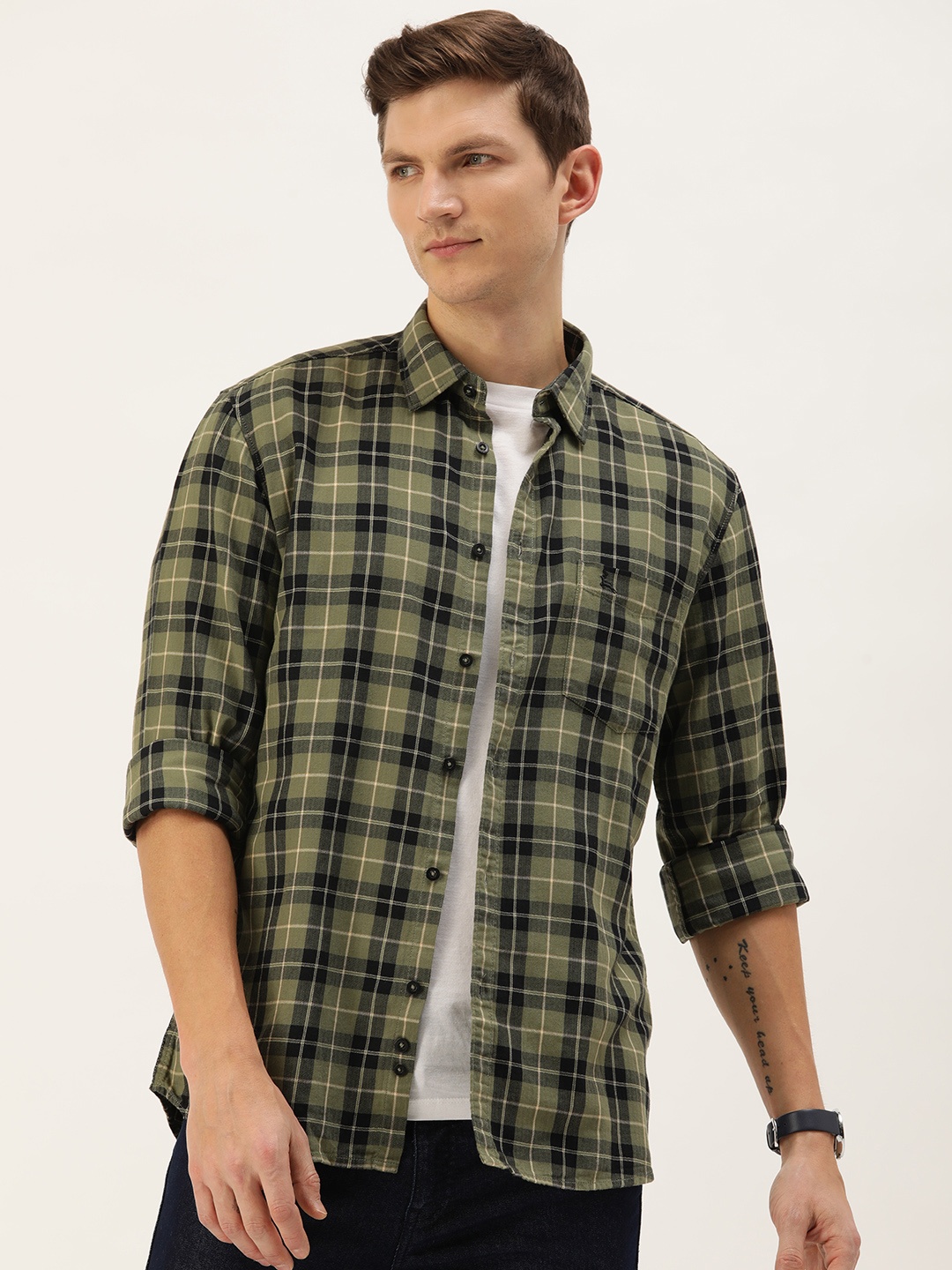 

Parx Pure Cotton Slim Fit Checked Casual Shirt, Green