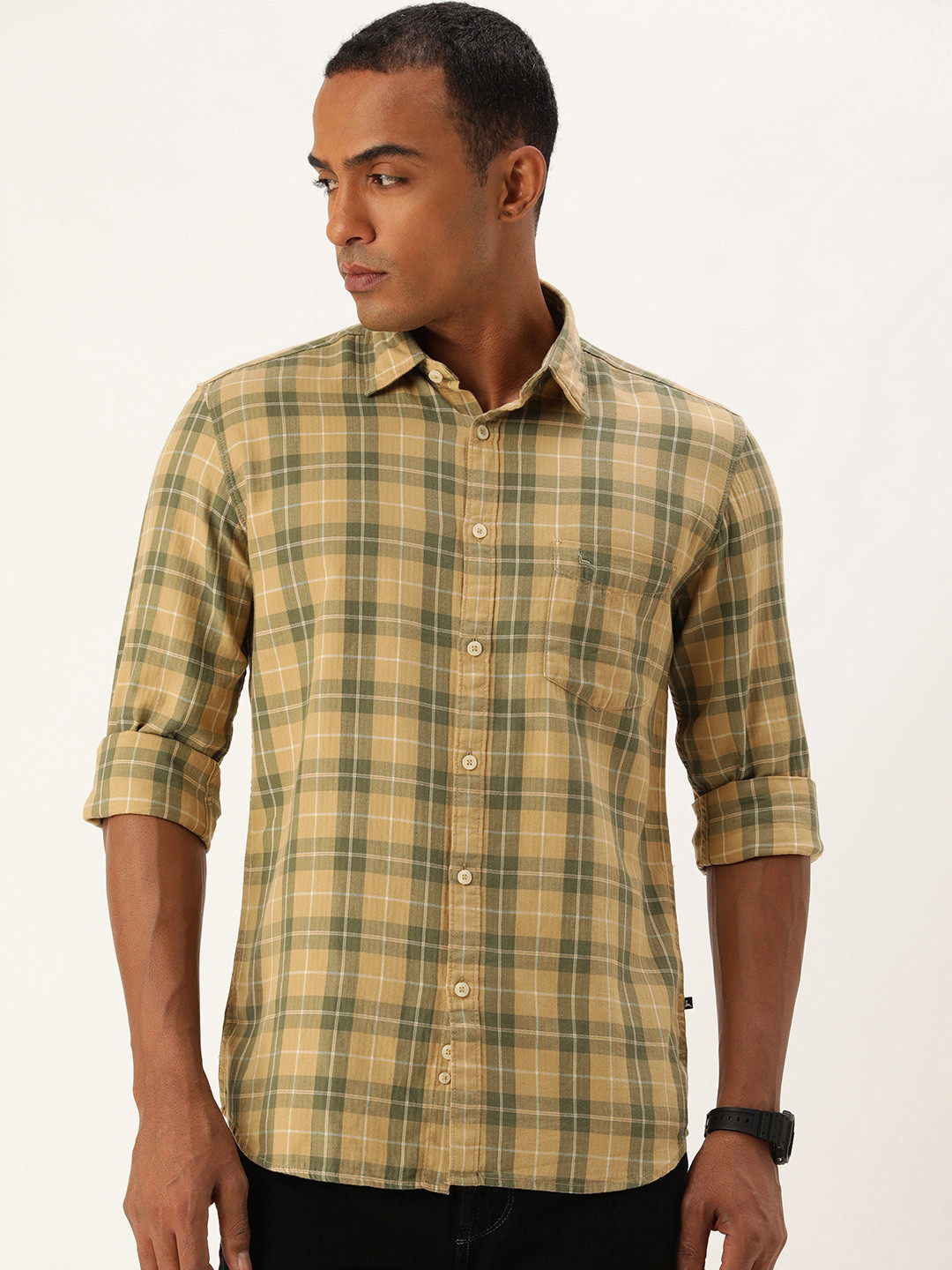 

Parx Slim Fit Tartan Checks Opaque Pure Cotton Casual Shirt, Beige