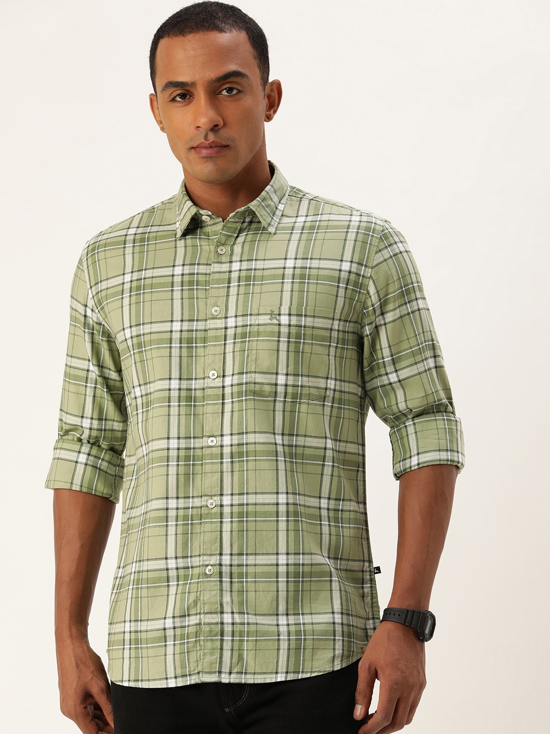 

Parx Slim Fit Tartan Checks Opaque Pure Cotton Casual Shirt, Green