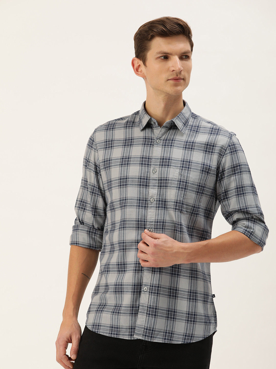 

Parx Slim Fit Checked Pure Cotton Casual Shirt, Grey