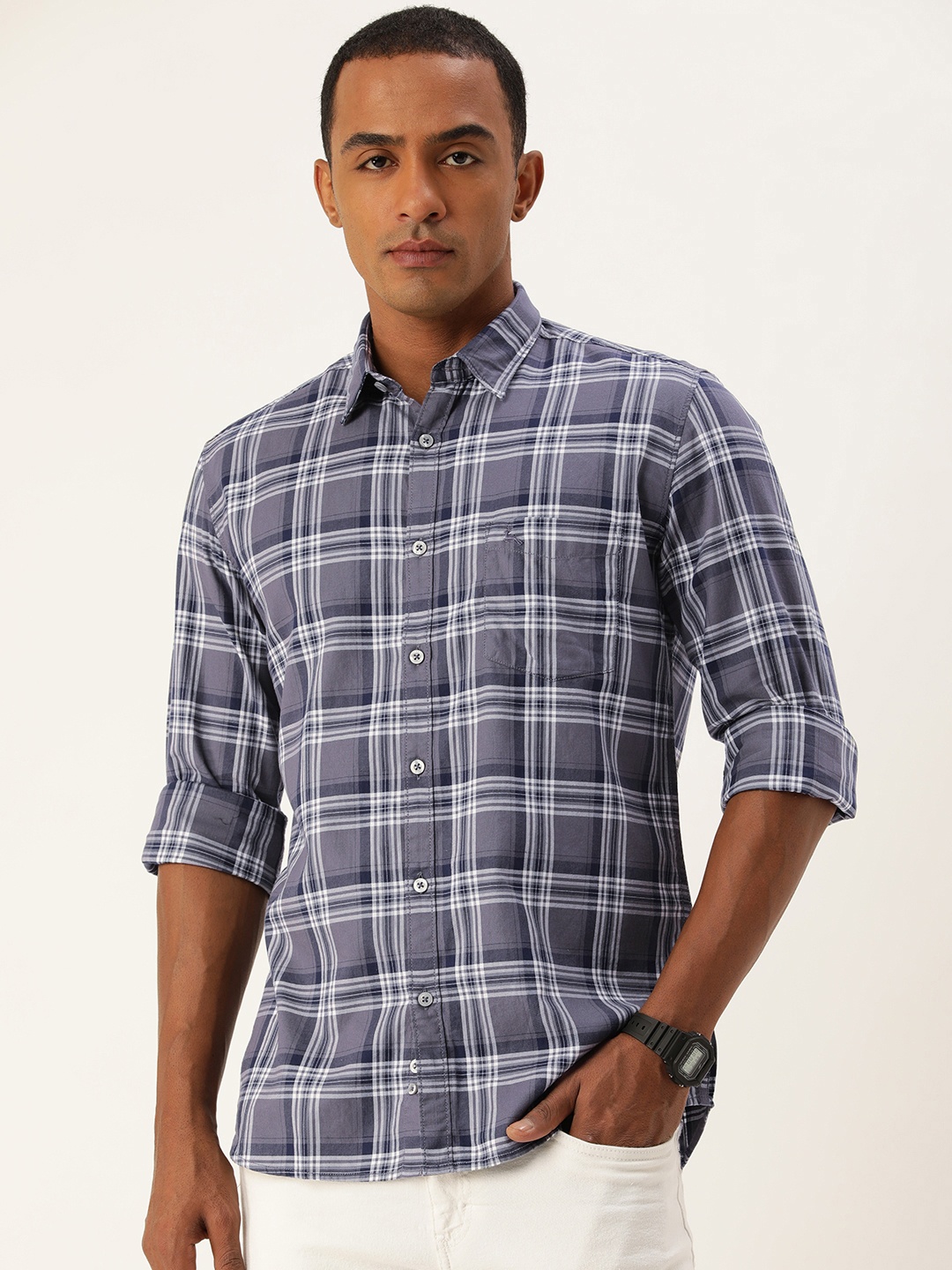 

Parx Slim Fit Tartan Checks Opaque Pure Cotton Casual Shirt, Grey