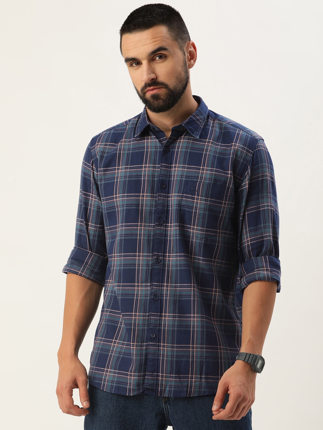 

Parx Slim Fit Checked Pure Cotton Casual Shirt, Navy blue