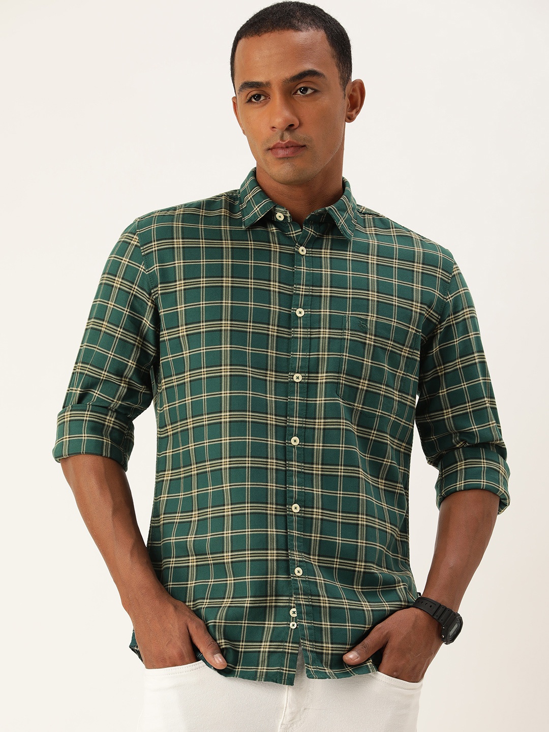 

Parx Slim Fit Tartan Checks Opaque Pure Cotton Casual Shirt, Teal