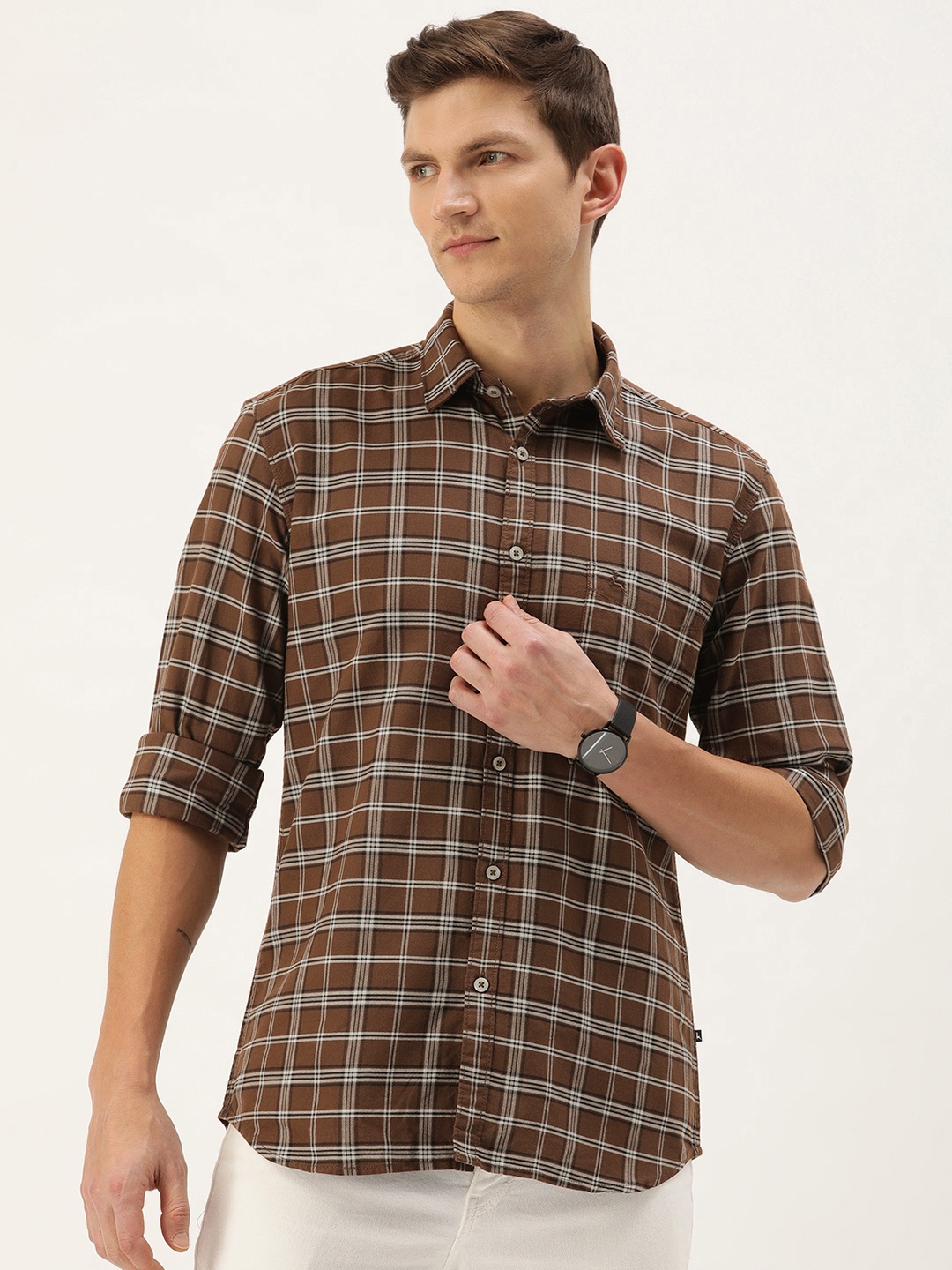 

Parx Slim Fit Tartan Checks Opaque Pure Cotton Casual Shirt, Brown