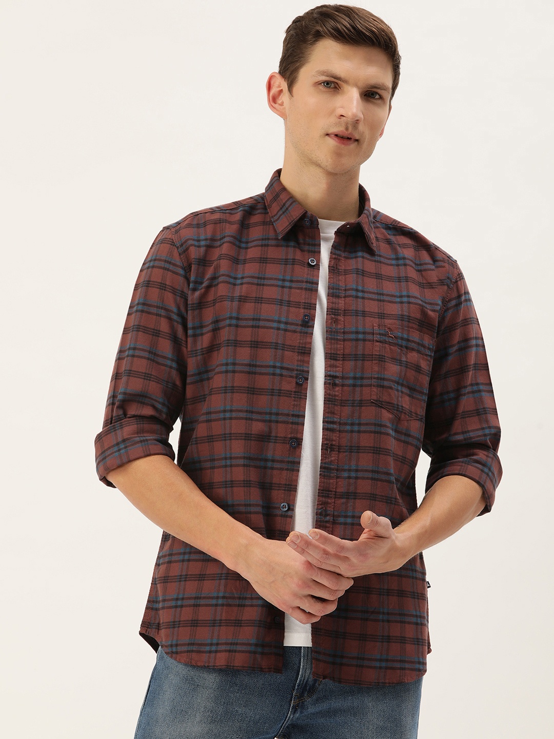 

Parx Pure Cotton Slim Fit Checked Casual Shirt, Brown
