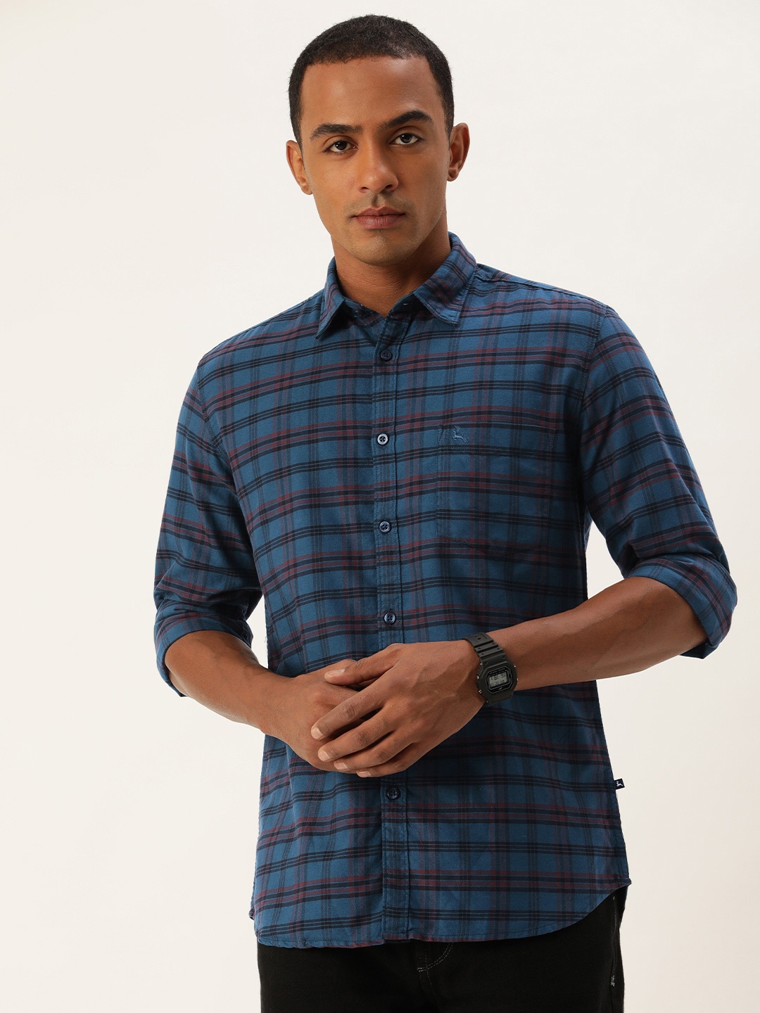 

Parx Slim Fit Tartan Checks Opaque Pure Cotton Casual Shirt, Blue