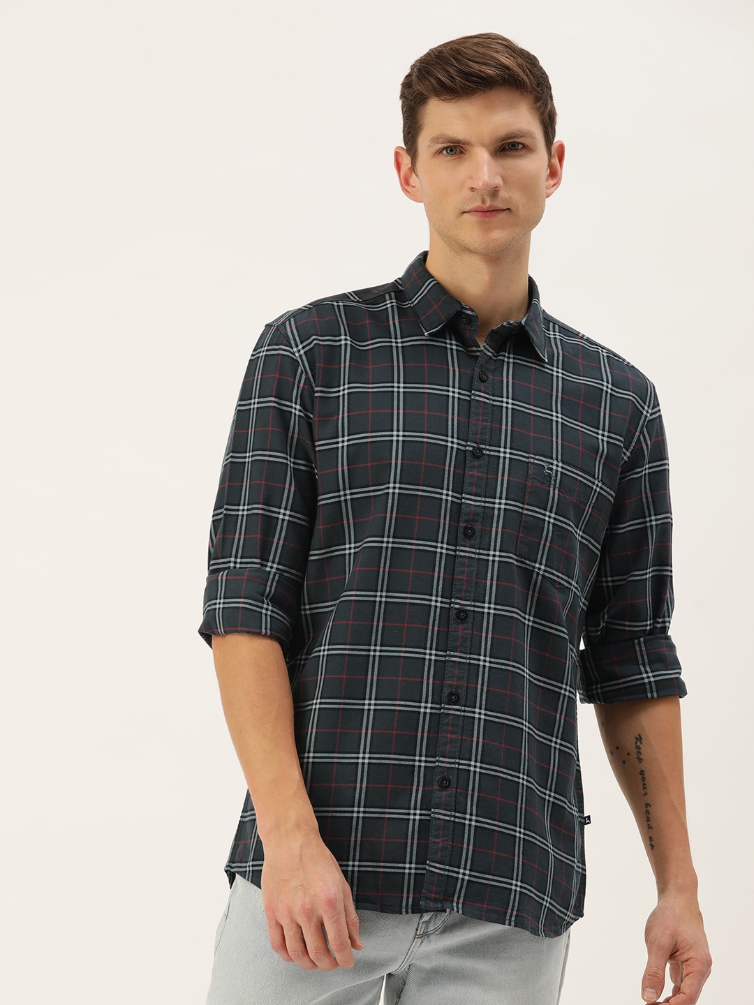 

Parx Slim Fit Checked Pure Cotton Casual Shirt, Grey