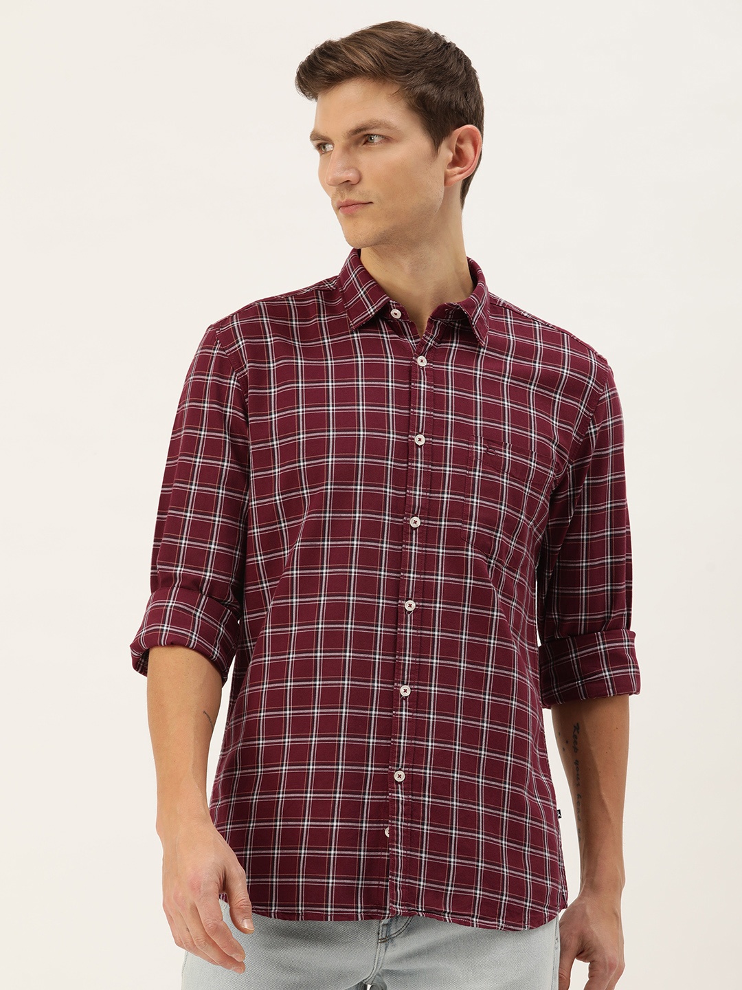 

Parx Slim Fit Checked Pure Cotton Casual Shirt, Maroon